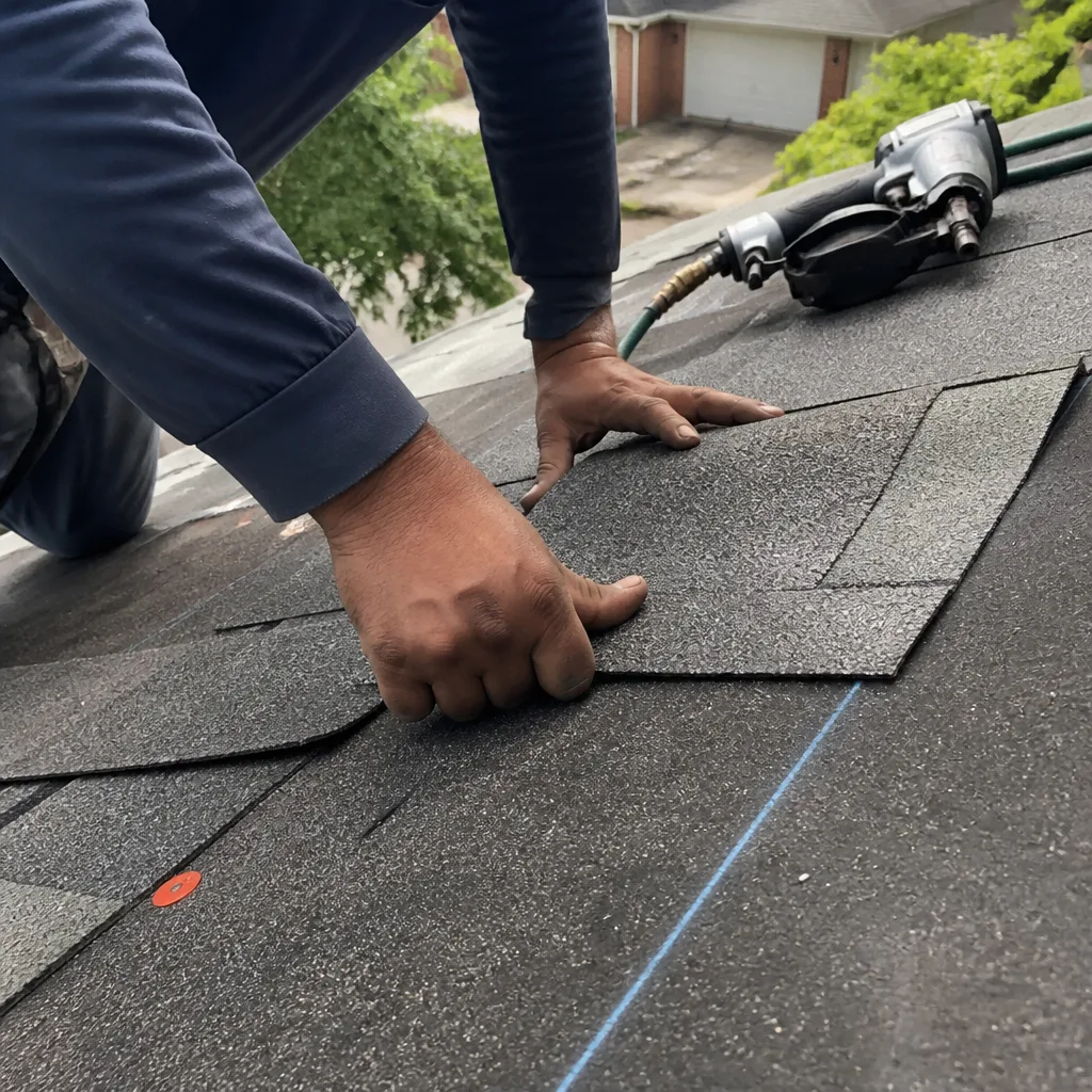Roofing professional installing asphalt shingles on a residential house roof.
