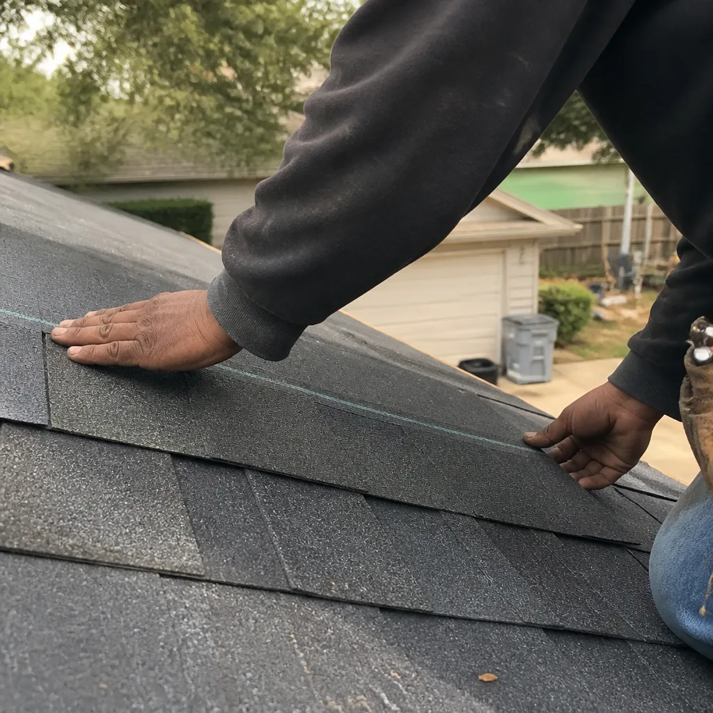 Professional roofer performing a residential roof inspection and shingle installation.