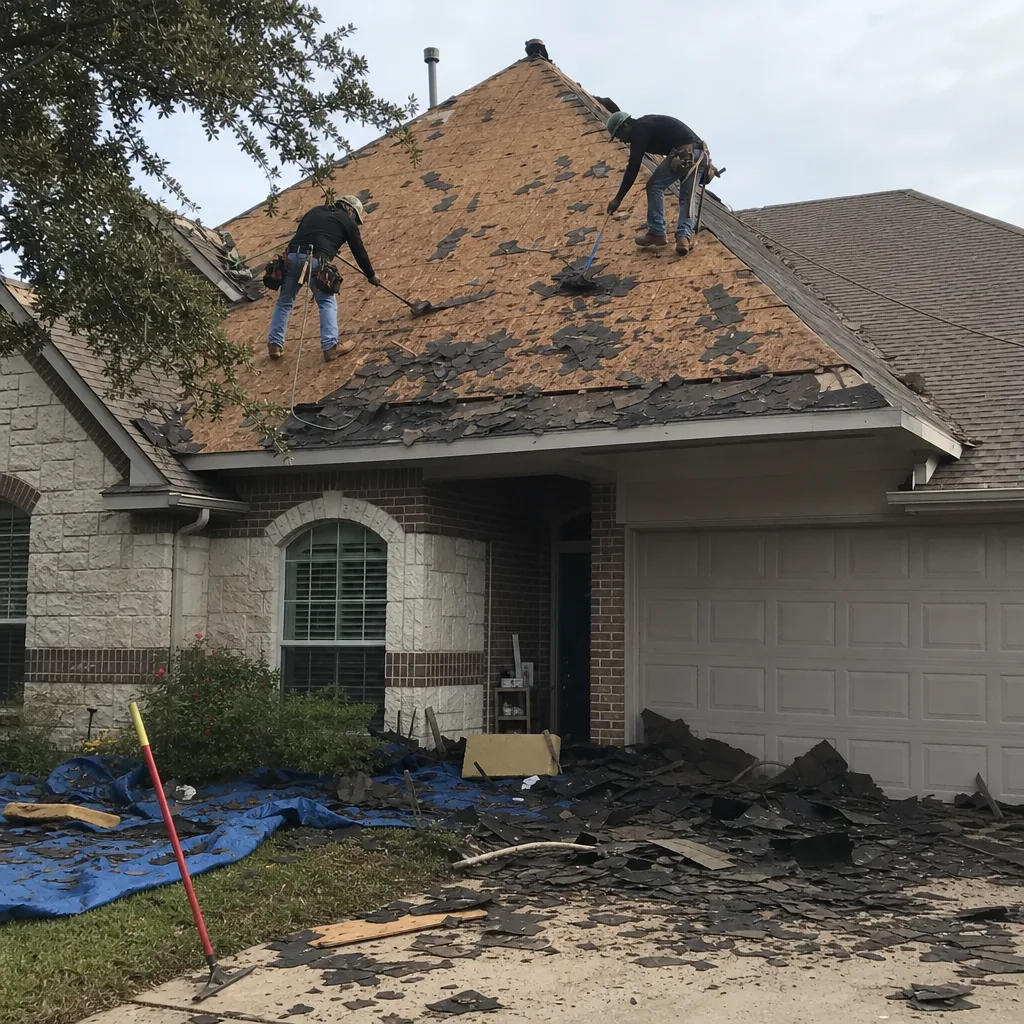 Two professional roofers performing a comprehensive roof inspection and shingle removal