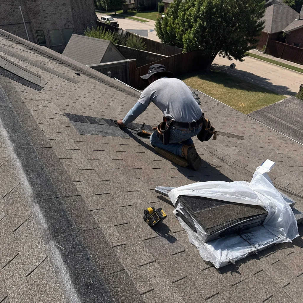 Professional roofer performing shingle roof repair