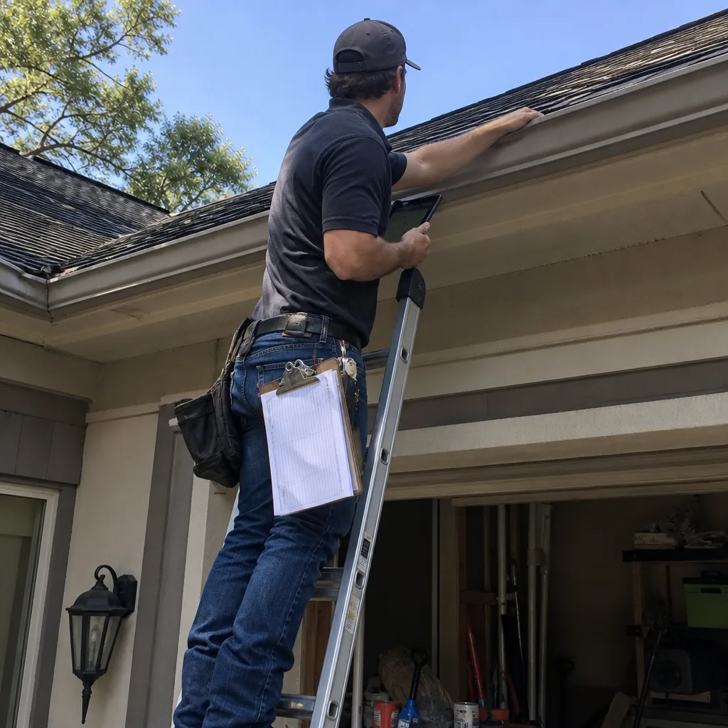 Roofing contractor inspecting house gutters and roofing from a ladder