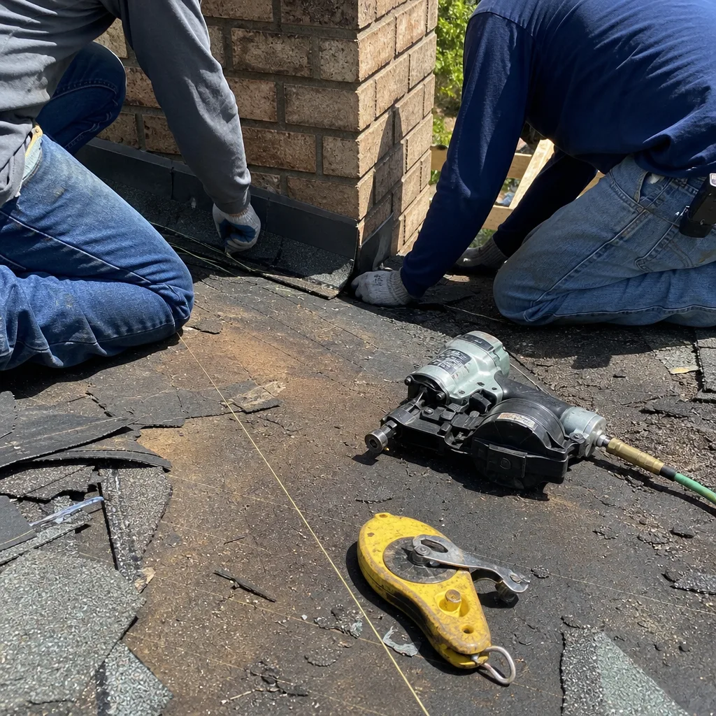 Two professional roofers repairing shingles on a roof near a chimney